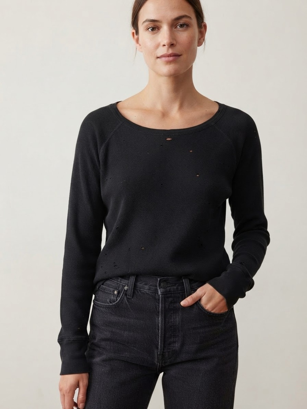 LNA Sz M Black Waffle Holes Distressed Grunge Casual Long Sleeves Top